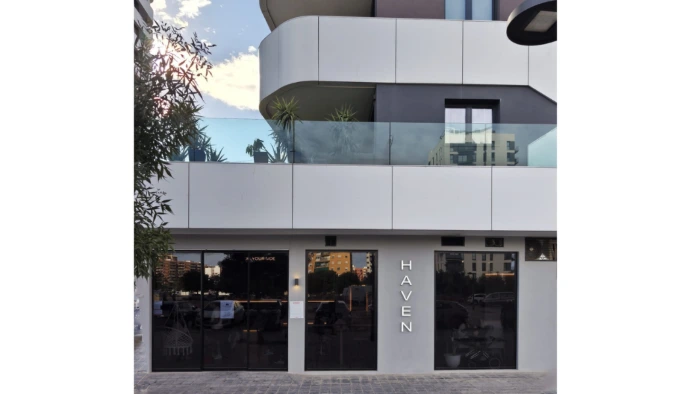 Puerta automática en vidrio gris y fijos en vidrio gris y marcos negros