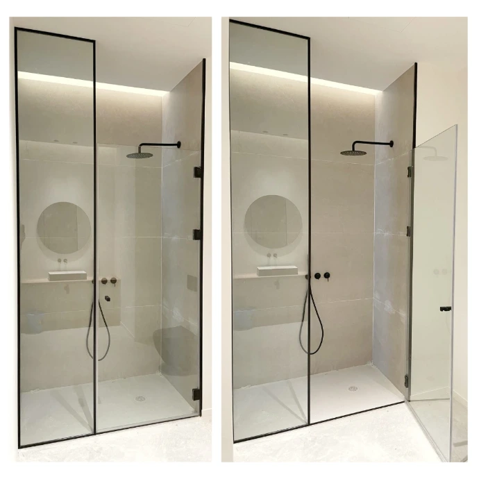 Mampara de ducha fijo y puerta abatible, acabado negro