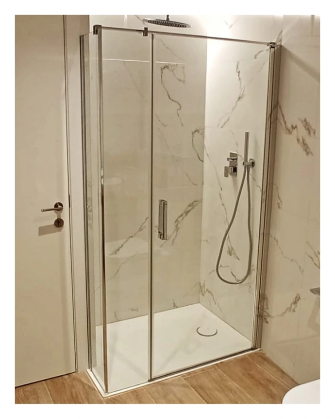 Mampara de ducha fijo y puerta abatible, acabado plata