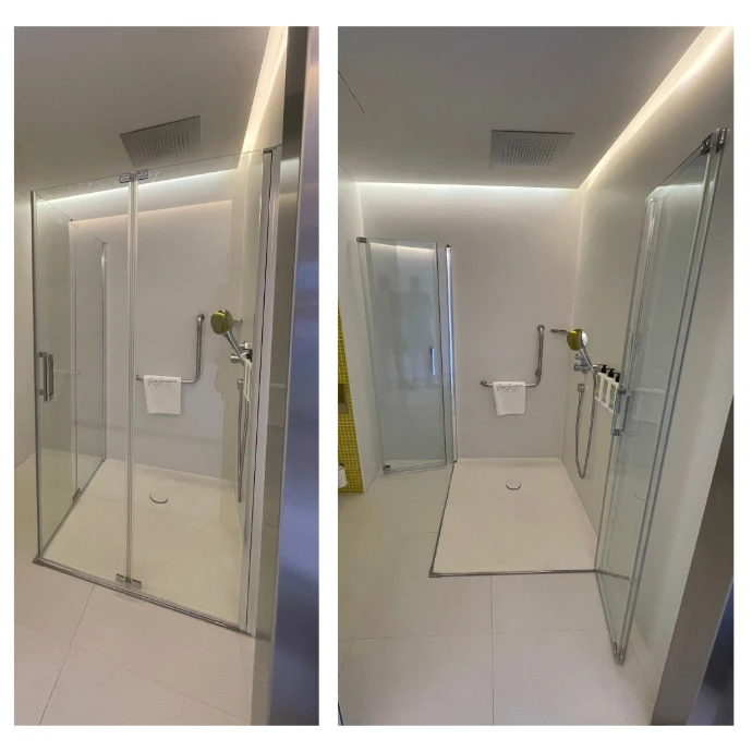 Mampara de ducha dos puertas plegables para accesibilidad